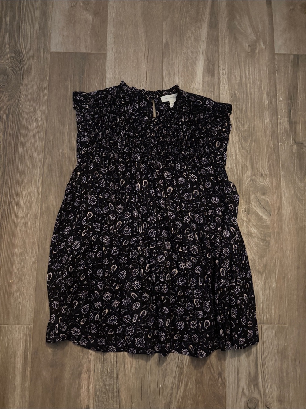 Smocked Sleeveless Floral Tank Top - Black with Lilac Print